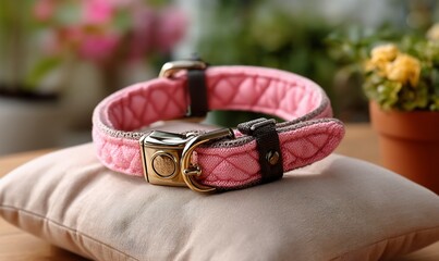 Pink collar elegantly poised on cushion