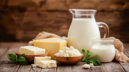 Dairy products filling rustic wooden table: milk, cheese, and cottage cheese display