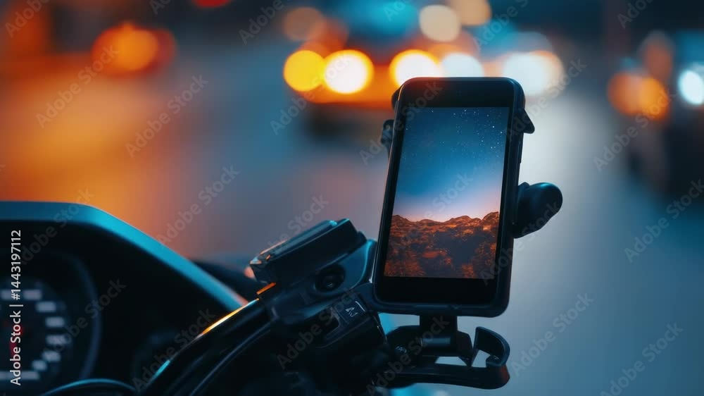 Poster a phone mounted to a motorcycle handlebar for gps navigation or hands-free calling.