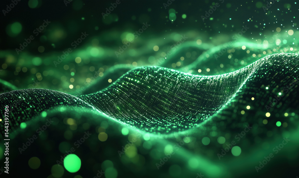 Poster abstract green wave patterns with glowing particles and digital texture.