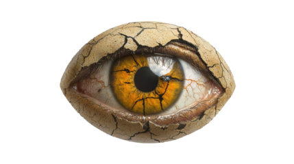 Closeup of a cracked surface, detailed view of texture and brokenness, resembling damaged eye