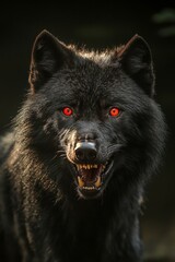 Intense Portrait Of A Wild Wolf With Glowing Eyes In The Night