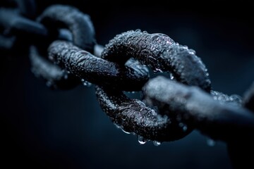 Close-up of wet black metal chain links with water droplets on dark background. Moody blue-black color palette. Concept of strength, connection, security, and industrial or nautical applications.