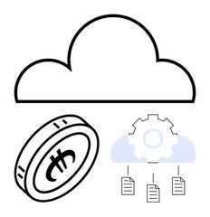 Cloud icon linked to gear, documents, and cryptocurrency coin signifies data management, decentralization, and digital assets. Ideal for finance, IoT, cloud computing, blockchain cryptocurrency