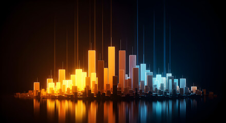 Obraz premium Abstract Cityscape with Blue and Orange Illuminated Buildings Reflecting on Dark Background