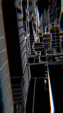 Geometric laser lowpoly cityscape with beat reactive chromatic distortion. Seamless vertical video neon retro futuristic animation 128 bpm