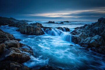 Obraz premium Serene coastal landscape featuring flowing water over rocks under a dramatic sky at dusk capturing the beauty of nature with a long exposure technique