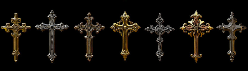 different medieval ornamental crosses, in golden and silver metal, on a black background with the high resolution, high detail, and high quality.