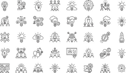 Idea, creativity line icon set. Vector pictograms of brainstorming, innovation, problem-solving, abstract thinking, insight, imagination