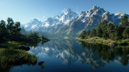 Fototapeta premium Serene mountain lake landscape reflecting peaks.