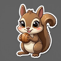 Naklejka premium Cute cartoon squirrel holding an acorn against a gray background 