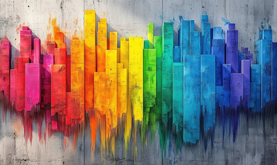 Vibrant Rainbow Cityscape Mural with Colorful Vertical Bars on Concrete Wall.