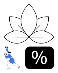 Minimalist lotus leaf outline, person using binoculars, and bold percentage sign. Ideal for finance, nature, exploration, analytics, growth mindfulness goals. Flat simple metaphor