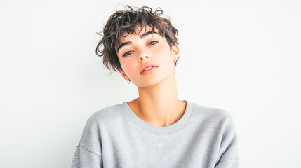 Modern woman in minimalist gray sweatshirt with short textured hair white background clean fashion portrait