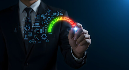 Businessman in Suit Points to Performance Indicator with Green to Red Gauge on Dark Blue Background