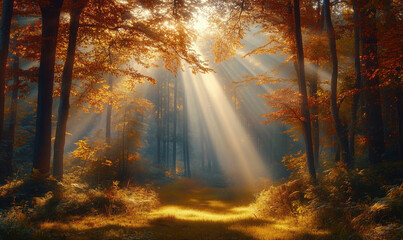 Sunlight streaming through autumn forest creating magical atmosphere.
