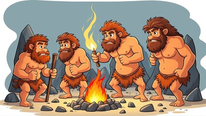 Cavemen Starting a Fire in a Prehistoric Setting