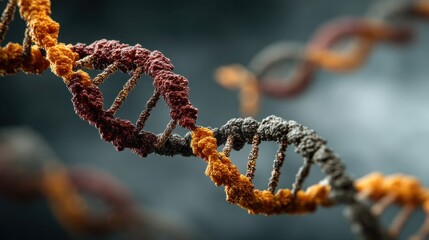Microscopic view of double helix DNA strands in red, orange, and gray, dark background.