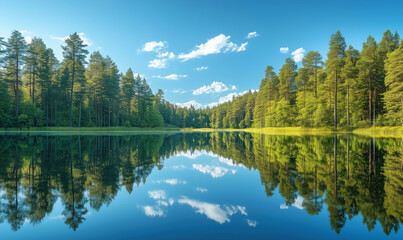 Fototapeta premium serene lake surrounded by lush green forest under clear blue sky.
