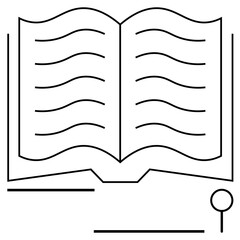 Open book with wavy lines symbolizing text, complemented by a magnifying glass. Ideal for education, learning, research, knowledge, literacy, study, and simple landing page