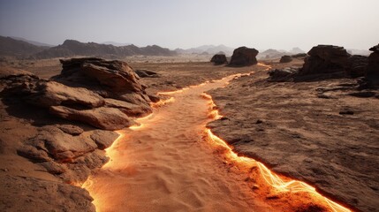 Obraz premium Glowing Sands Path Through a Desolate Rocky Landscape An alien like desert scene with fiery light trails
