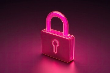 A glowing, translucent, vibrant pink padlock, 3D rendered, against a dark, purplish backdrop  It appears glass-like, with a keyhole visible in the center