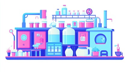 Fototapeta premium Colorful illustration of a small-scale food processing factory with various containers, machinery, and plants.