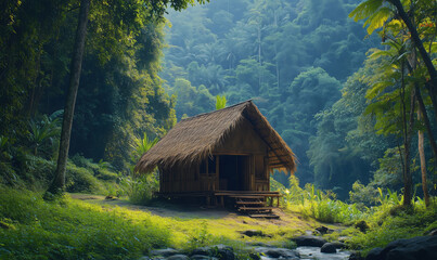Serene bamboo hut in lush tropical forest surrounded by vibrant greenery.