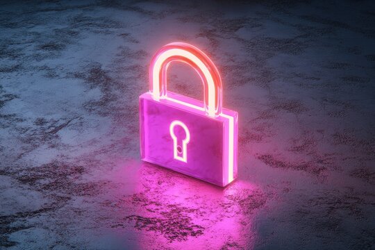 Neon pink padlock on dark textured surface  Glowing security symbol