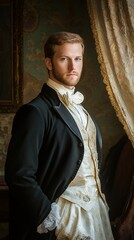 A young man in elegant 19th-century attire poses confidently near a window
