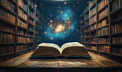 Open book in library revealing cosmic galaxy background with stars and nebulae.