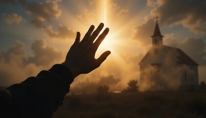 Hand Reaching Towards Sunlight with Church Silhouetted at Sunset