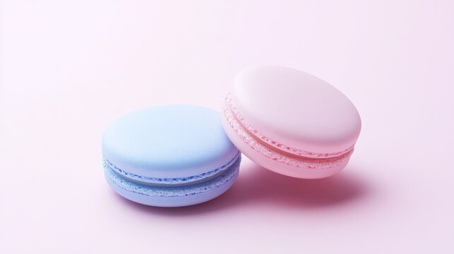 Two pastel macarons, pink and blue, on pink background. - Powered by Adobe