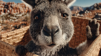 Fototapeta premium A cute kangaroo playfully waves from inside a wicker basket, set against a blurred outback background. Perfect for greeting cards, children's books, or Australian-themed projects.