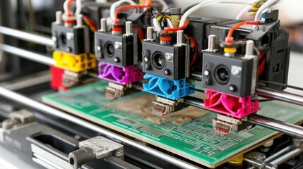 Close up view of a multi color 3D printer in operation printing onto a circuit board.