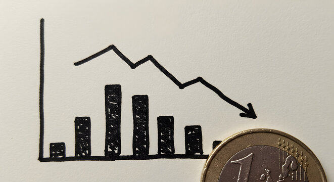 Declining Bar Graph with Downward Arrow and Euro Coin Depicts Economic Recession on White Background