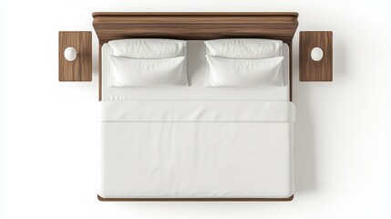 Top view of a made king-size bed with wooden frame and side tables.