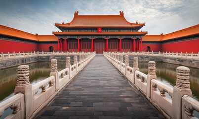 Obraz premium Forbidden City architecture with traditional Chinese design and serene water reflection.