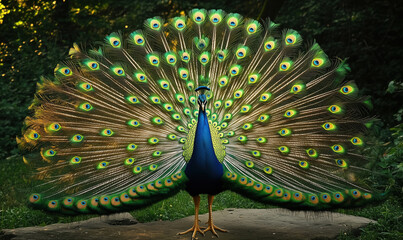 Obraz premium Stunning peacock displaying vibrant plumage in natural setting with lush greenery.