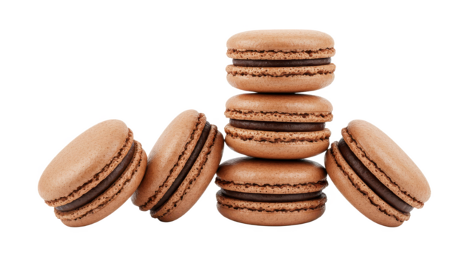 Stack of chocolate macarons isolated on transparent background