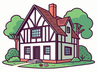 Naklejka premium Classic House Illustration with Garden Landscape