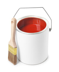 Can of red paint and brush isolated on white