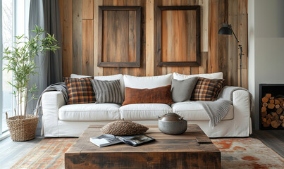 Cozy living room with white sofa, wooden accents, and rustic decor elements.