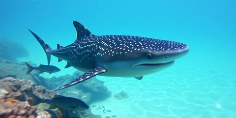 Whale shark, vibrant fish, underwater scene, empty space,  water, gliding
