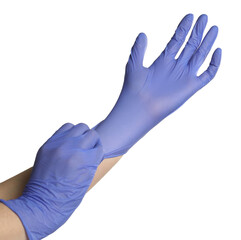 Doctor putting on medical gloves against white background, closeup