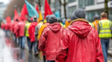Obraz premium Rainy day protest, crowd in red raincoats walking in city street.