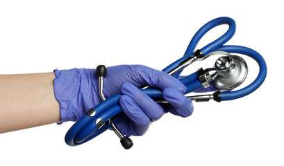 Doctor in medical glove holding stethoscope on white background, closeup
