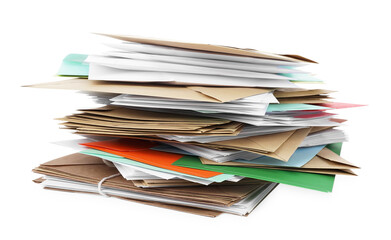 Stack of different paper envelopes on white background. Post office