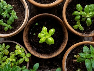 Visto desde arriba, varios maceteros de barro contienen pl&aacute;ntulas de albahaca verde.