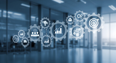 Gears Overlaying Modern Office Interior in Blue Tones Representing Strategy and Business Processes